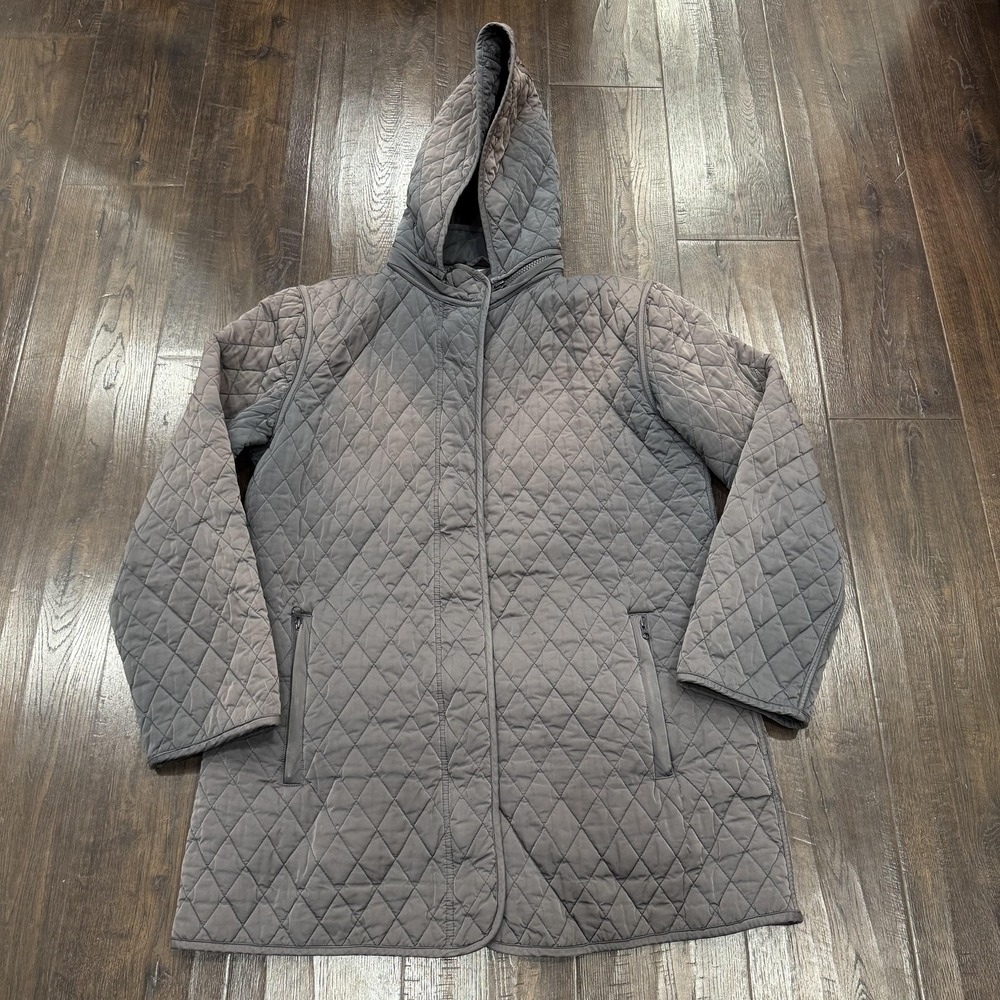 Garnet Hill Coat Womens 10 Gray Quilted Hooded Mid Length Puffer Jacket Faded